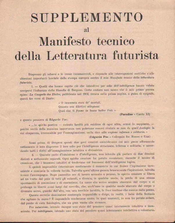 SUPPLEMENTO AL MANIFESTO TECNICO DELLA LETTERATURA FUTURISTA.