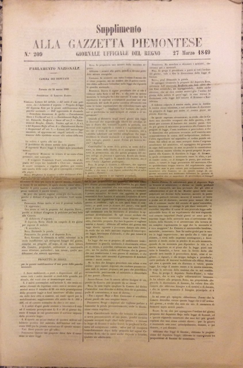 SUPPLIMENTO ALLA GAZZETTA PIEMONTESE - N. 209, 27 MARZO 1849. …