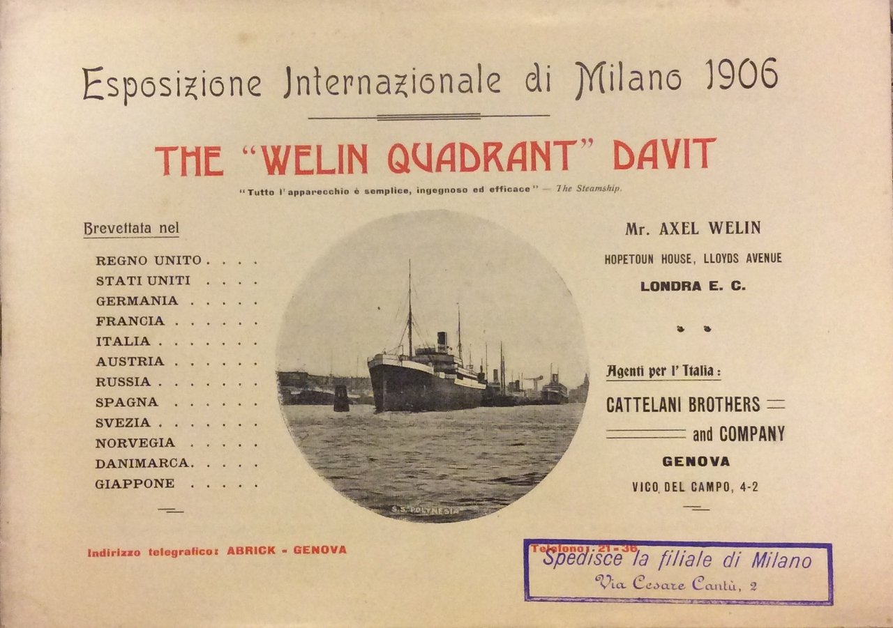 THE "WELIN QUADRANT" DAVIT. - Mr. Axel Welin, Hopetoun House, …