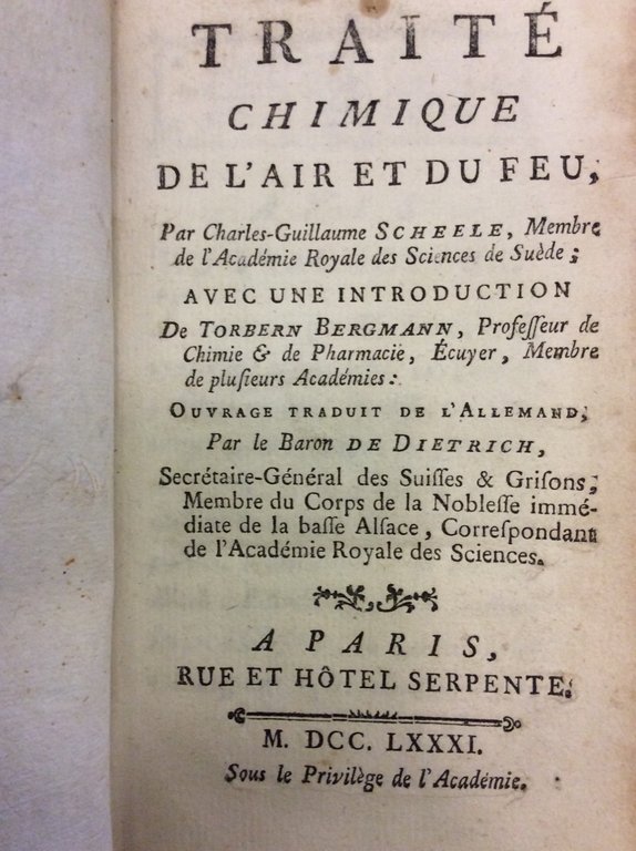 TRAITE' CHIMIQUE DE L'AIR ET DU FEU. - Avec une …