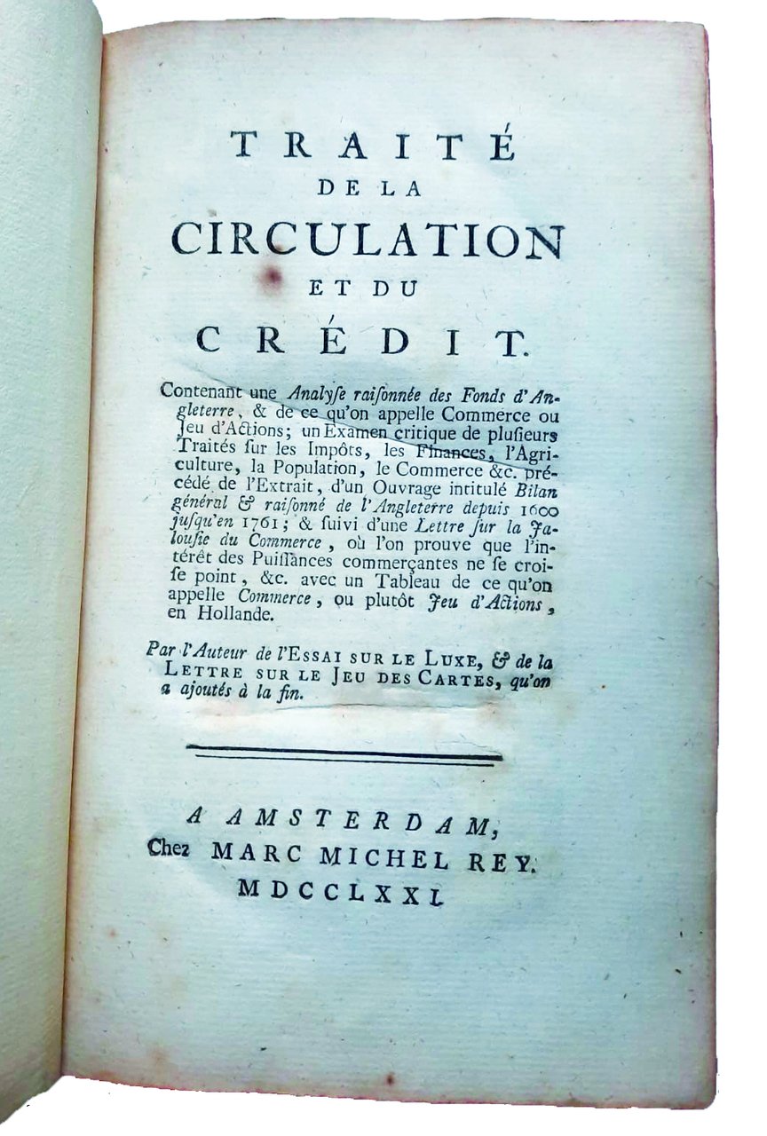 TRAITE' DE LA CIRCULATION ET DU CREDIT. - Par l'Auteur …