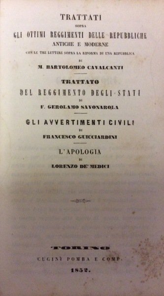 TRATTATI SOPRA GLI OTTIMI REGGIMENTI DELLE REPUBBLICHE ANTICHE E MODERNE …