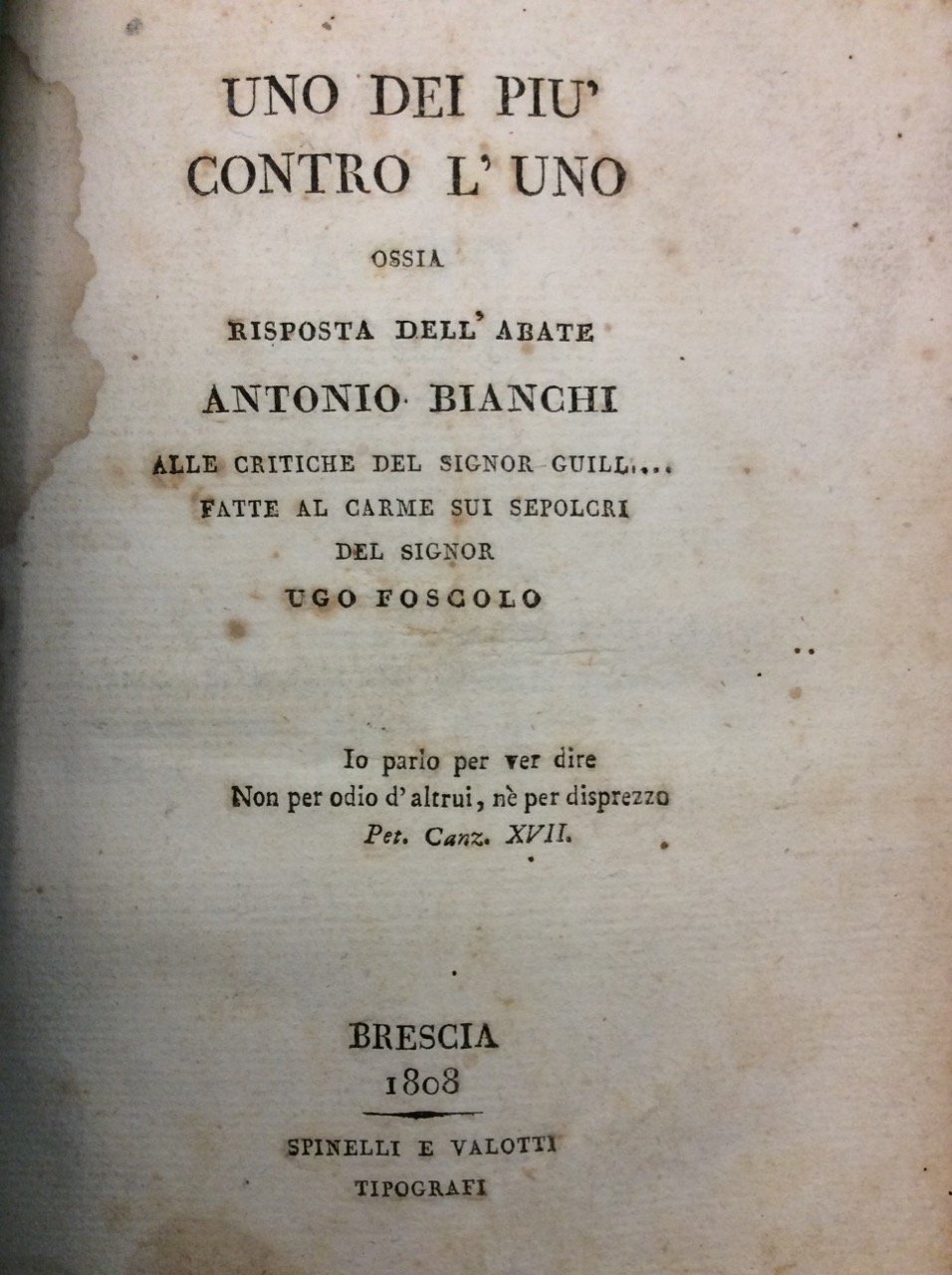 UNO DEI PIU' CONTRO L'UNO. - Ossia risposta dell'Abate Antonio …