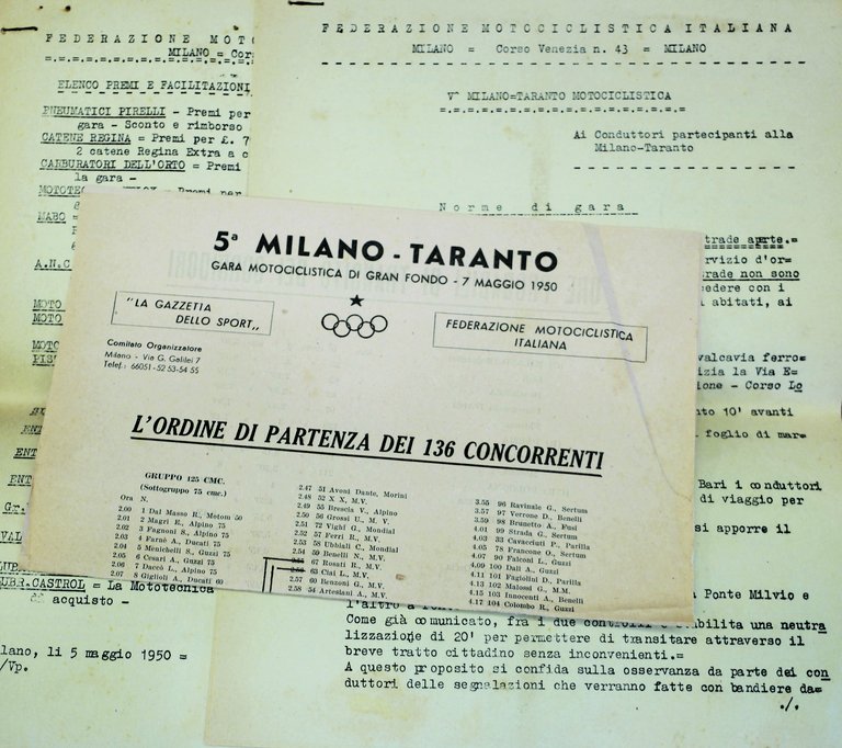 V (QUINTA) MILANO-TARANTO. GARA MOTOCICLISTICA. - Federaz. Motociclistica Italiana.