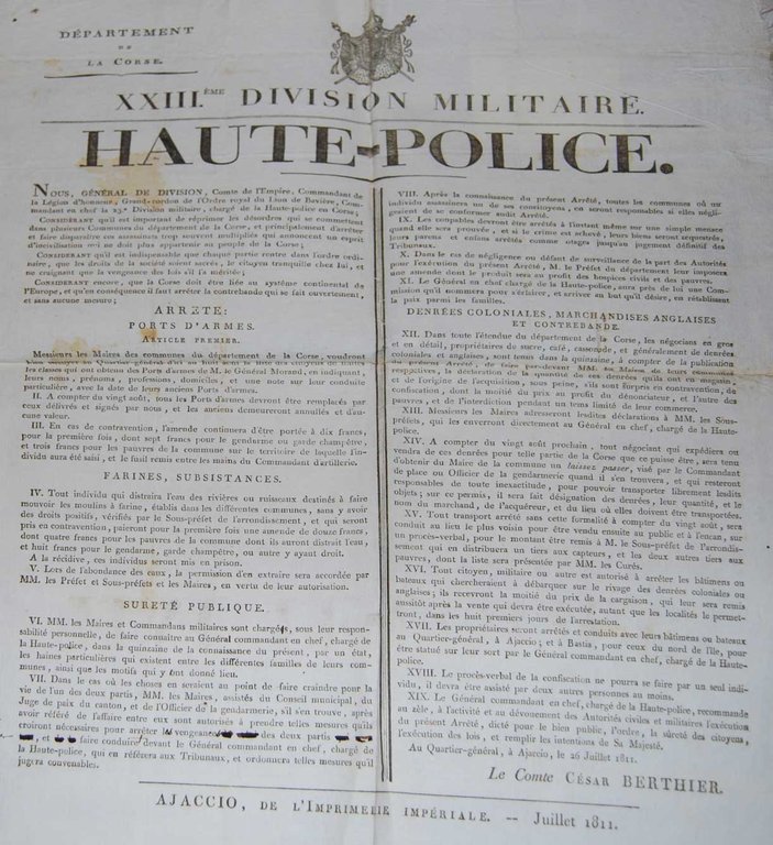 XIII.ème DIVISION MILITAIRE. HAUTE POLICE. - Département de la Corse.