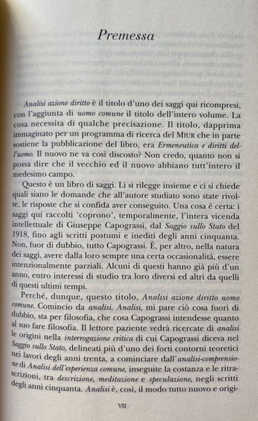 ANALISI, AZIONE, DIRITTO, UOMO COMUNE. CINQUE SAGGI PER GIUSEPPE CAPOGRASSI