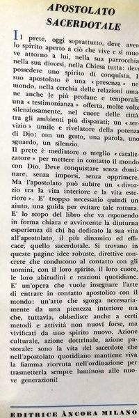 APOSTOLATO SACERDOTALE: NOTE DI PASTORALE PRATICA