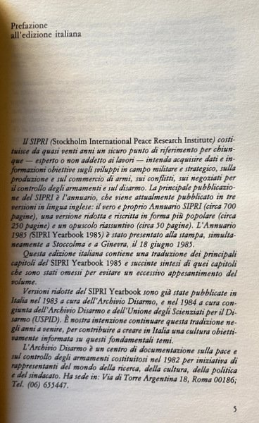 ARMAMENTI E DISARMO OGGI. RAPPORTO SIPRI 1985