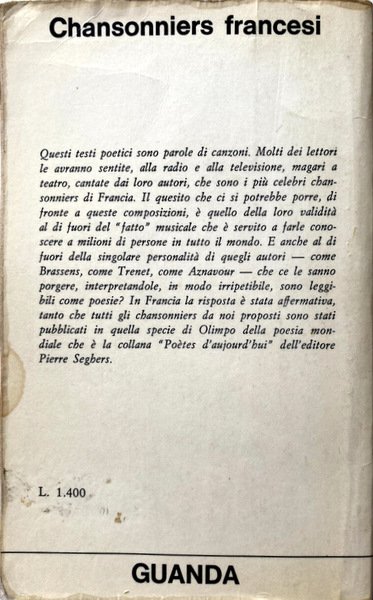 CHANSONNIERS FRANCESI. PAROLE DI CANZONI. A CURA DI FRANCO DE …