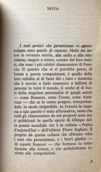 CHANSONNIERS FRANCESI. PAROLE DI CANZONI. A CURA DI FRANCO DE …