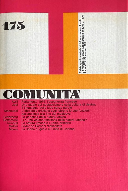 COMUNITÀ N. 175. ANNO XXXIX. DICEMBRE 1975. RIVISTA DI INFORMAZIONE …