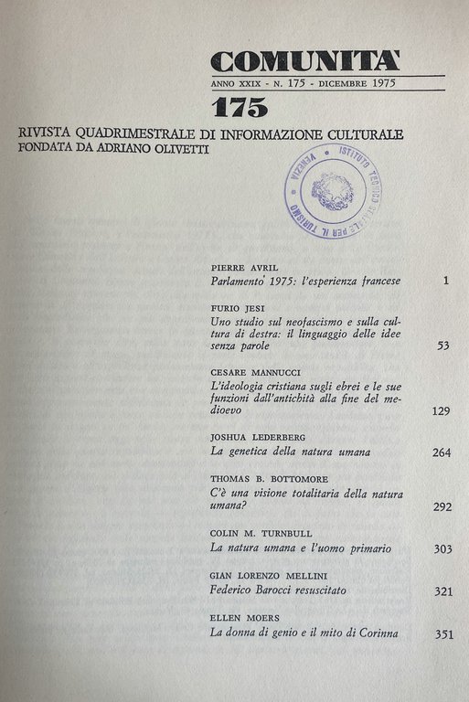 COMUNITÀ N. 175. ANNO XXXIX. DICEMBRE 1975. RIVISTA DI INFORMAZIONE …