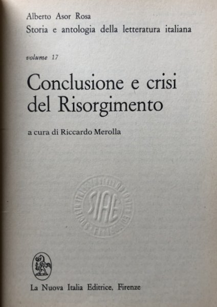 CONCLUSIONE E CRISI DEL RISORGIMENTO. A CURA DI RICCARDO MEROLLA