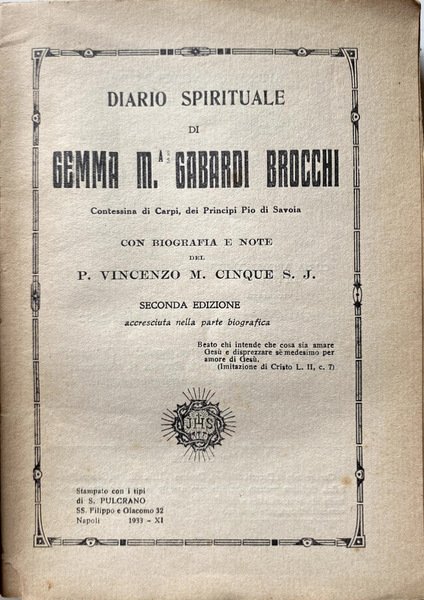 DIARIO SPIRITUALE DI GEMMA M. BROCCHI GABARDI, CONTESSINA DI CARPI …