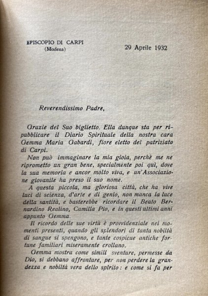 DIARIO SPIRITUALE DI GEMMA M. BROCCHI GABARDI, CONTESSINA DI CARPI …