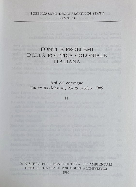 FONTI E PROBLEMI DELLA POLITICA COLONIALE ITALIANA. Atti del convegno …