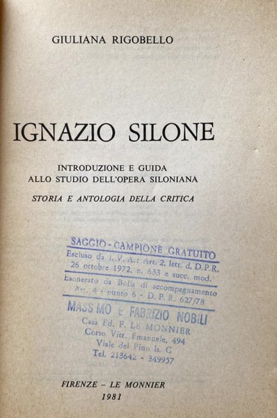 IGNAZIO SILONE: INTRODUZIONE E GUIDA ALLO STUDIO DELL'OPERA SILONIANA: STORIA …