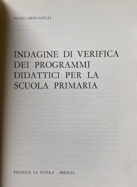 INDAGINE DI VERIFICA DEI PROGRAMMI DIDATTICI PER LA SCUOLA PRIMARIA