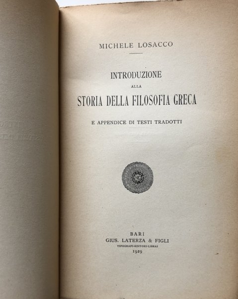 INTRODUZIONE ALLA STORIA DELLA FILOSOFIA GRECA E APPENDICE DI TESTI …