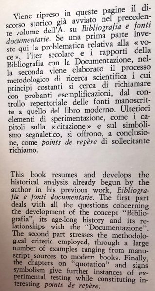 IPOTESI DI LAVORO PER UNA METODOLOGIA BIBLIOGRAFICA: CON UNA ELABORAZIONE …