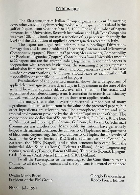 ITALIAN RECENT ADVANCES IN APPLIED ELECTROMAGNETICS