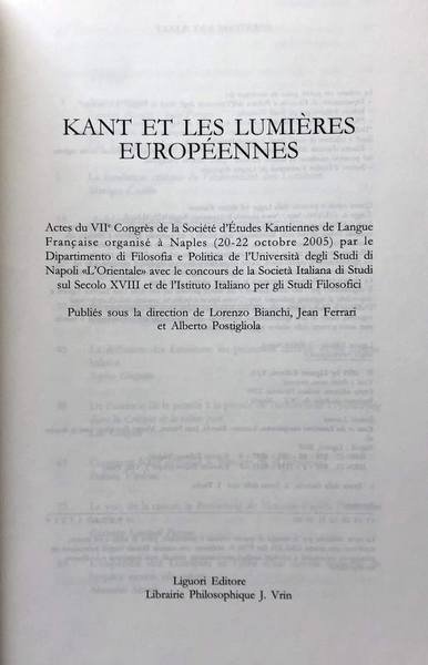 KANT ET LES LUMIÈRES EUROPÉENNES. A CURA DI LORENZO BIANCHI, …