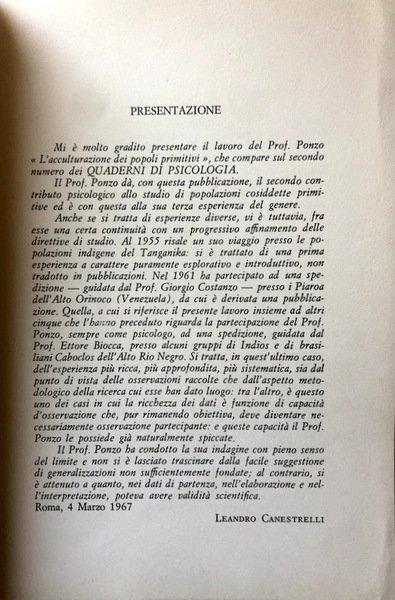 L'ACCULTURAZIONE DEI POPOLI PRIMITIVI. CONTRIBUTO PSICOLOGICO.