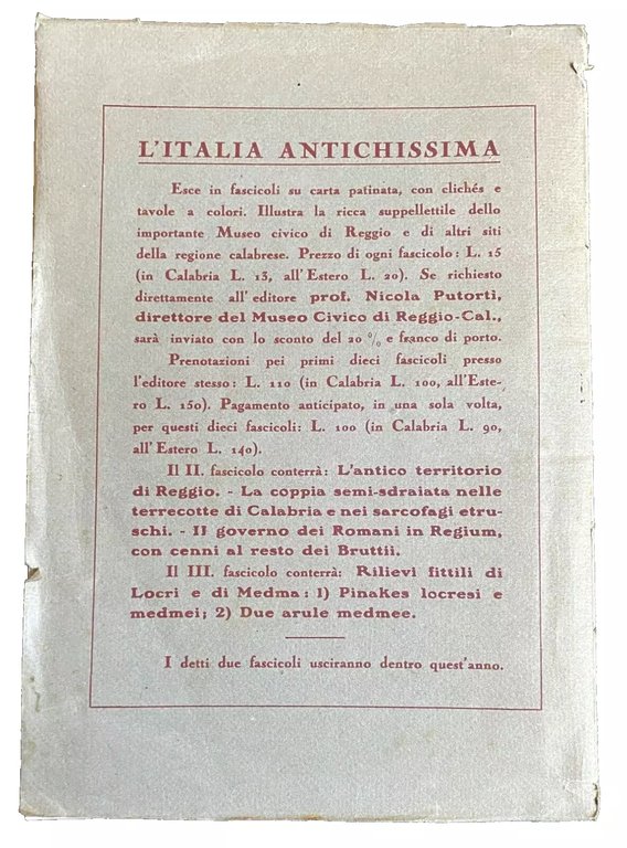 L'ITALIA ANTICHISSIMA. TERRECOTTE ARCHITETTONICHE DI REGGIO-CALABRIA. FASCICOLO I