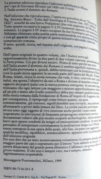 L'ITALIA AVANTI IL DOMINIO DEI ROMANI. (RISTAMPA ANASTATICA)