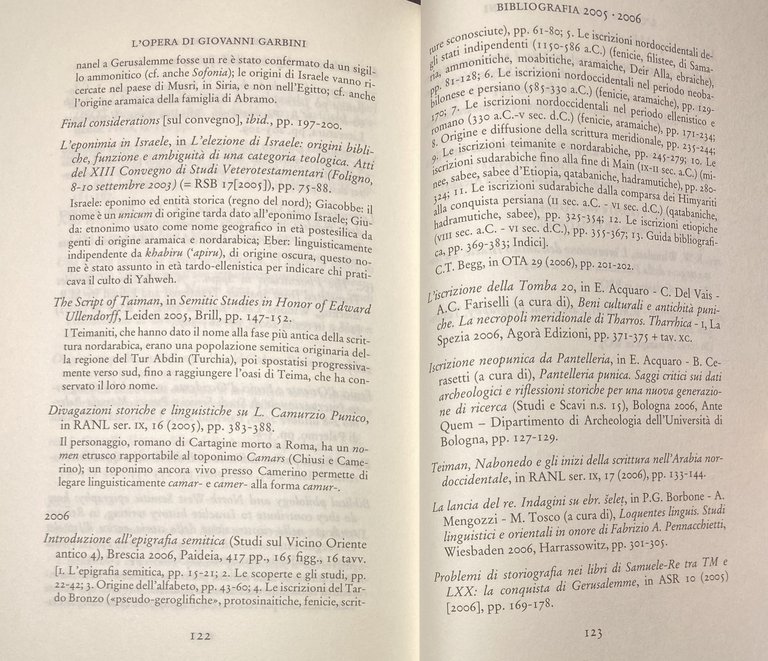 L'OPERA DI GIOVANNI GARBINI. BIBLIOGRAFIA DEGLI SCRITTI 1976-2000