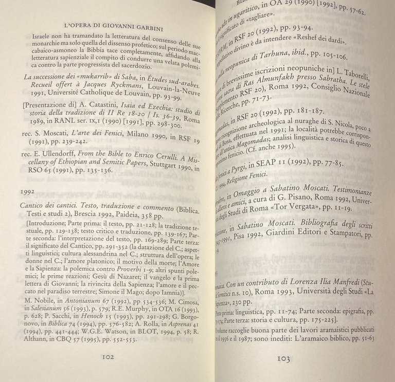 L'OPERA DI GIOVANNI GARBINI. BIBLIOGRAFIA DEGLI SCRITTI 1976-2000