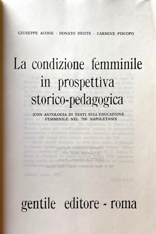 LA CONDIZIONE FEMMINILE IN PROSPETTIVA STORICO-PEDAGOGICA (CON ANTOLOGIA DI TESTI …