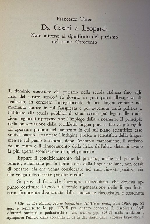 LA CULTURA LETTERARIA ITALIANA DELL'OTTOCENTO. DAL PURISMO A DE SANCTIS