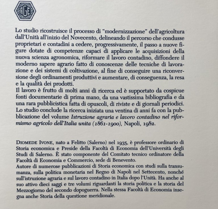 LA "MODERNIZZAZIONE" DELL'AGRICOLTURA NELL'ITALIA POSTUNITARIA 1861-1910. ASSOCIAZIONI STAMPA E CULTURA …