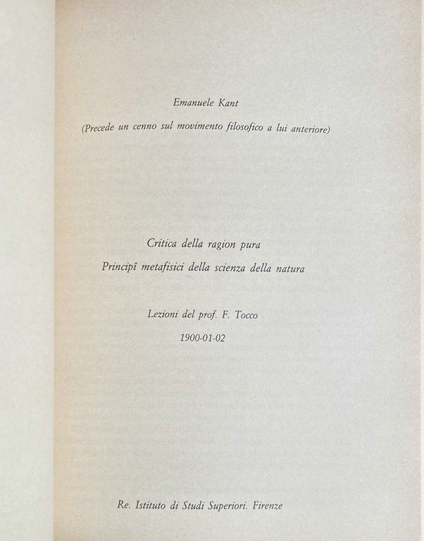 LEZIONI SU KANT DI FELICE TOCCO. STUDIO ED EDIZIONE