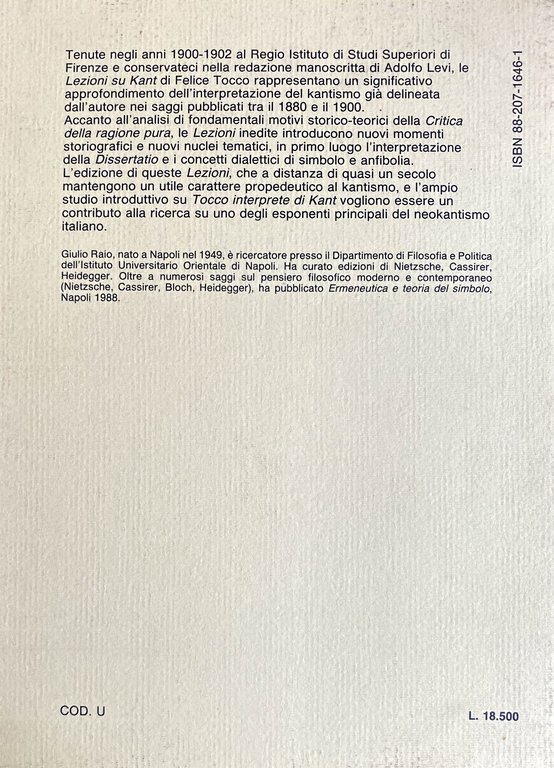 LEZIONI SU KANT DI FELICE TOCCO. STUDIO ED EDIZIONE