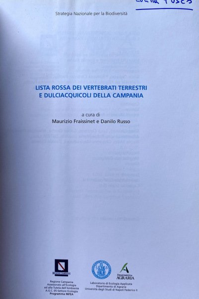 LISTA ROSSA DEI VERTEBRATI TERRESTRI E DULCIACQUICOLI DELLA CAMPANIA. A …