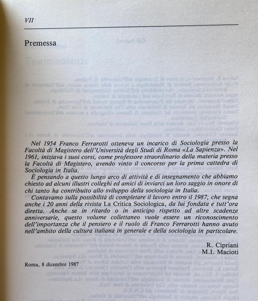 OMAGGIO A FRANCO FERRAROTTI. A CURA DI ROBERTO CIPRIANI, MARIA …