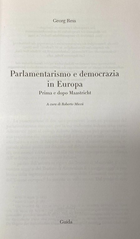 PARLAMENTARISMO E DEMOCRAZIA IN EUROPA: PRIMA E DOPO MAASTRICHT