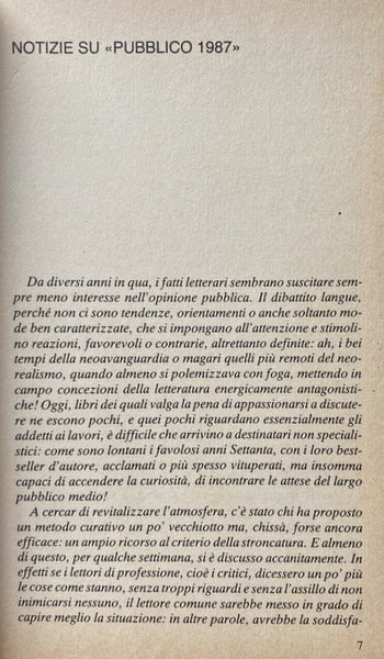 PUBBLICO 1987. PRODUZIONE LETTERARIA E MERCATO CULTURALE. A CURA DI …