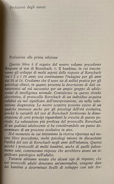 RISPOSTE AL TEST DI RORSCHACH: L'ADOLESCENTE. (VOLUME 2 SECONDO)