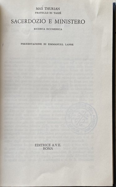 SACERDOZIO E MINISTERO. RICERCA ECUMENICA