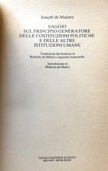 SAGGIO SUL PRINCIPIO GENERATORE DELLE COSTITUZIONI POLITICHE E DELLE ALTRE …