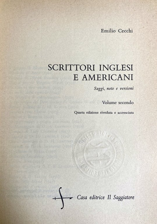 SCRITTORI INGLESI E AMERICANI. SAGGI, NOTE E VERSIONI