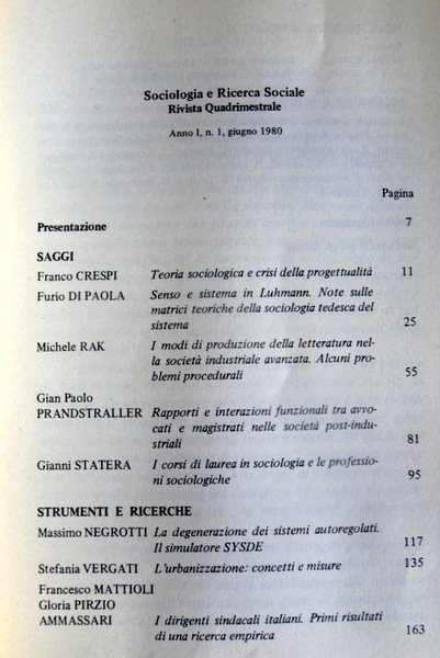 SOCIOLOGIA E RICERCA SOCIALE (ANNO I N.1, GIUGNO 1980)