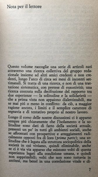 SOLITUDINE E SOLIDARIETÀ NELLA VITA DELL'UOMO DI OGGI