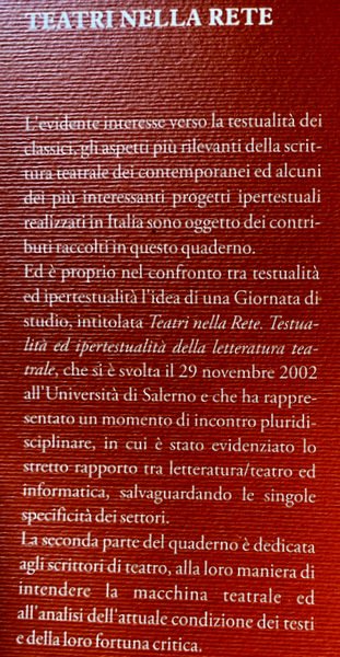 TEATRI NELLA RETE. TESTUALITÀ E IPERTESTUALITÀ DELLA LETTERATURA TEATRALE. A …