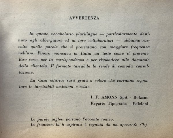 TERMINOLOGIA ALBERGHIERO-TURISTICA NONCHÉ VOCABOLI FREQUENTI ED INDISPENSABILI IN 4 LINGUE. …