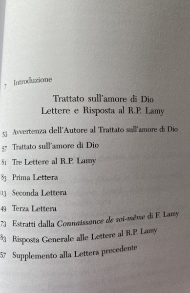 TRATTATO SULL'AMORE DI DIO. LETTERE E RISPOSTA AL R.P. LAMY. …