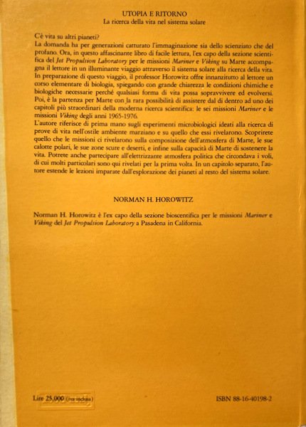 UTOPIA E RITORNO. LA RICERCA DELLA VITA NEL SISTEMA SOLARE